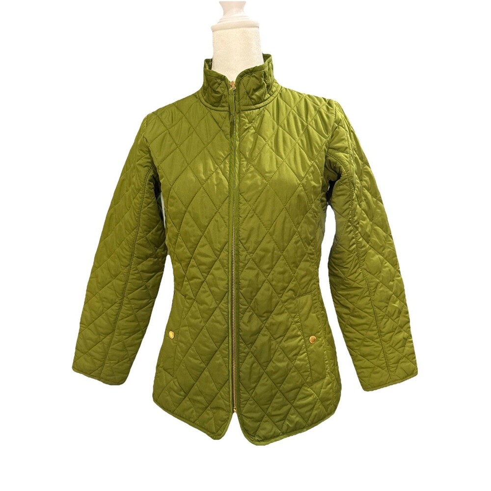 Lands' End Girl's Green Quilted Jacket Pink Plaid Lining Sz M (10-12) Preppy Y2K